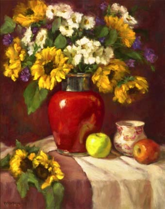 Sunflowers and Daisies and Red Vase by Kara Lee Merrell